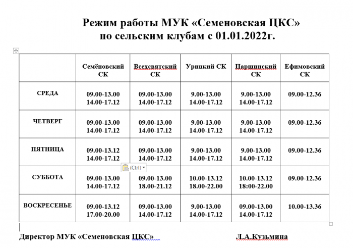 Режим работы МУК «Семеновская ЦКС» по сельским клубам с 01.01.2021г.